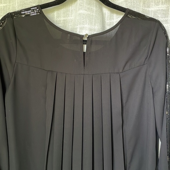 CATO Black Tunic Blouse Sequin Sleeves Back Pleats Hi Low Cocktail Party Women S - Picture 5 of 6